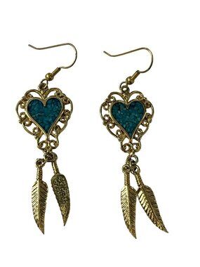 Turquoise Heart Dangle Earrings Gold Tone Feather Drops Boho Western Style Jewel